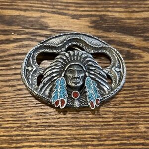 Vintage 90’s EJCO Native American Chief Belt Buckle Turquoise Coral USA Western